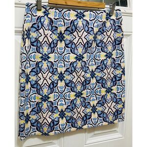 Talbots‎ Women's Size 8 Straight Skirt Blue Yellow Geometric Pattern Knee Length